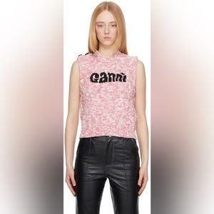 Ganni Marled Tweed Pink Melting Logo Rope Knit Sweater Vest